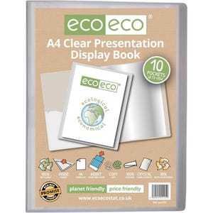 May include: A clear A4 presentation display book with the text "eco eco" and "A4 Clear Presentation Display Book". The book contains 10 pockets and is made from recyclable materials. The cover features a white insert with a globe graphic.