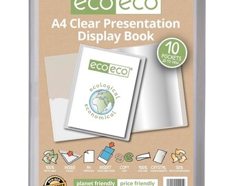 Carpeta de presentación transparente eco-eco A4, 50 % reciclada, con múltiples opciones de bolsillos.