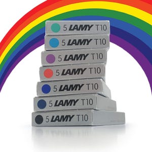 May include: A stack of seven ink cartridges for fountain pens. The cartridges are labeled "5 LAMY T10" and are in the colors teal, blue, purple, orange, blue, dark blue, and black.