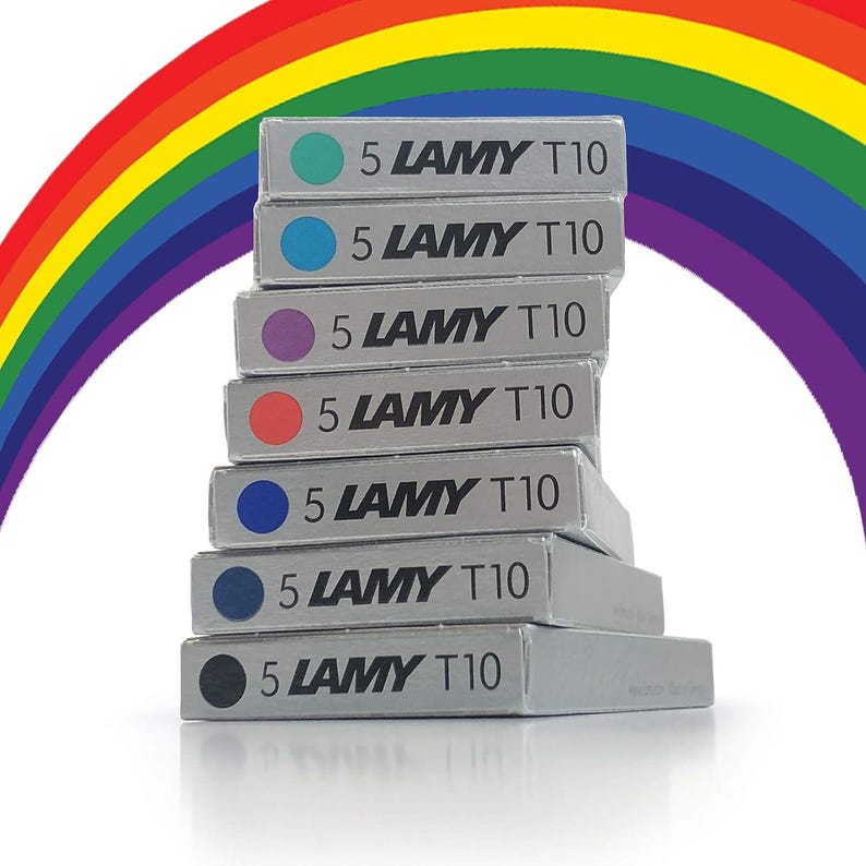 May include: A stack of seven ink cartridges for fountain pens. The cartridges are labeled "5 LAMY T10" and are in the colors teal, blue, purple, orange, blue, dark blue, and black.