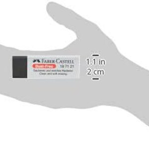 May include: A rectangular Faber-Castell Dust-Free eraser, 1.1 inches long, held in a hand. The eraser has a black and white design with the brand name and product details printed on the front. The eraser is designed for clean and soft erasing.