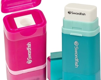 Swordfish Combo Pencil Sharpener with Mess-Free Canister and Eraser Turquoise / Pink