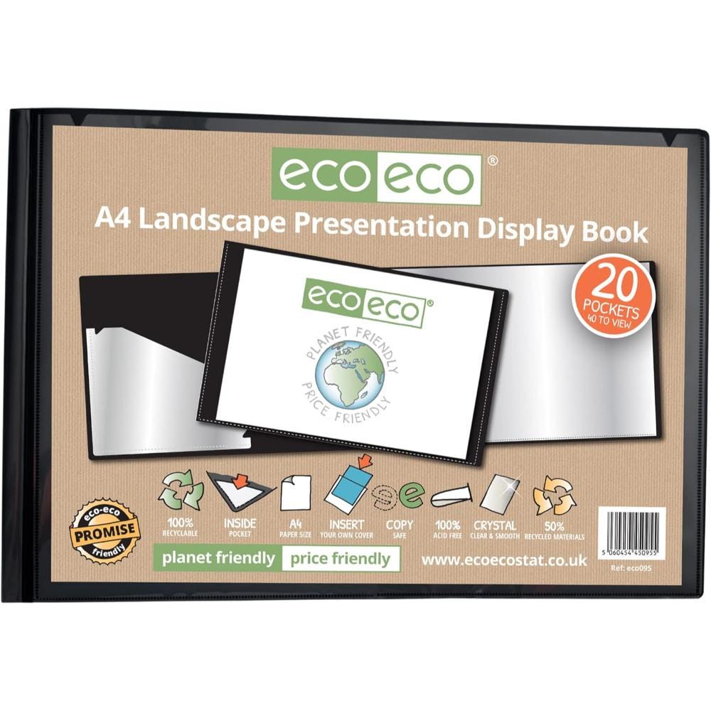 eco-eco A4 100% Recycled 40 Pocket Black Flexible Cover Portfolio Book Folder Display Book eco-eco A4 100% Recycled 40 Pocket Black Flexible Cover Portfolio Book Folder Display Book