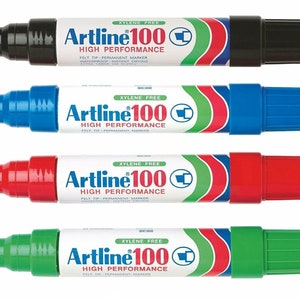 May include: Four permanent markers with black, blue, red, and green ink. The markers are labelled "Artline 100 High Performance" and are xylene free.