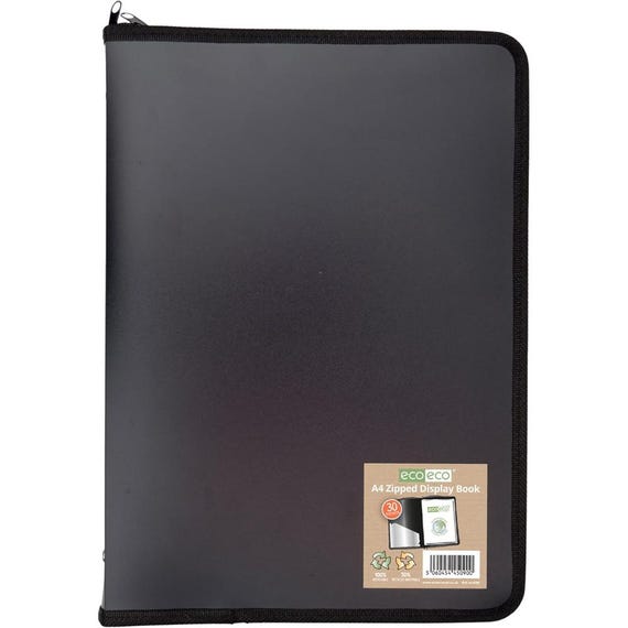 eco eco 50% Recycled Display Book Black Zip Presentation File Folder 30 Pocket