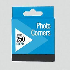 May include: A blue box with a white triangle containing the text "approx 250 CLEAR" and the text "Photo Corners" in white letters on a blue background.