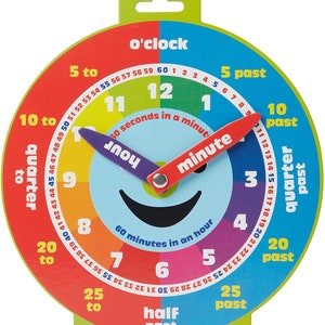 Può includere: Un quadrante di orologio circolare colorato con lancette mobili. Il quadrante è diviso in 12 sezioni, ciascuna rappresentante un intervallo di tempo diverso. Il quadrante include anche le parole "o'clock", "5 past", "10 past", "quarter past", "20 past", "25 past", "half past", "25 to", "20 to", "quarter to", "10 to" e "5 to".