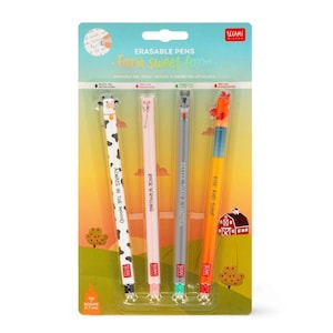 Legami Set di 4 penne gel cancellabili Farm Sweet Farm - Mucca, Maiale, Asino, Gallo