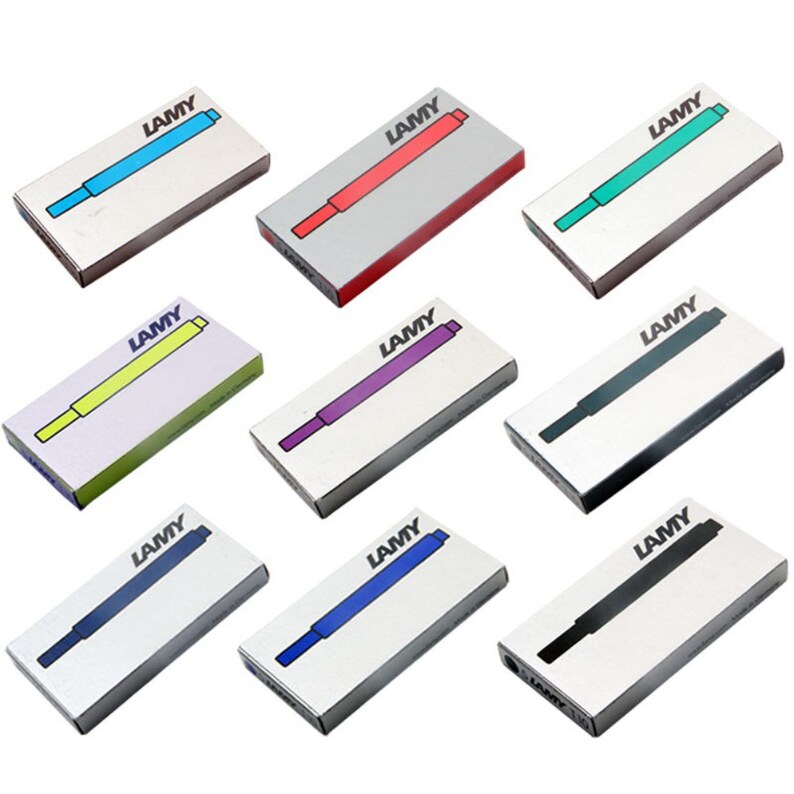 May include: Assortment of ten LAMY ink cartridges in various colors, including blue, red, green, yellow, purple, black, and dark blue. The cartridges are packaged in individual boxes with the LAMY logo.