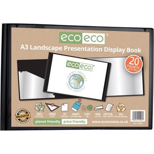 May include: An A3 landscape presentation display book in black, featuring the "eco eco" logo and the text "20 POCKETS". The book has a white and black interior. The text "Planet Friendly" is also visible. The book is made of recycled materials.