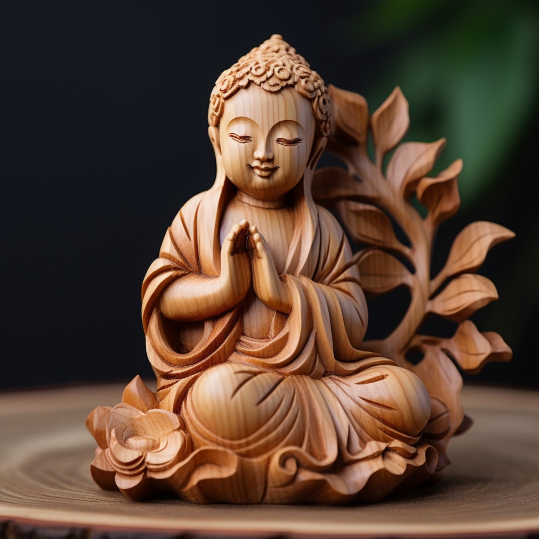 Handmade Wood Carving Buddha Statue With Flower Base Solid Etsy