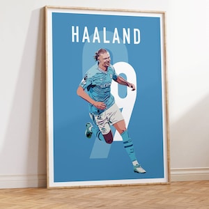 May include: A digital illustration of a soccer player in a blue and white uniform running with the number 9 on a light blue background. The text "HAALAND" is at the top of the image.