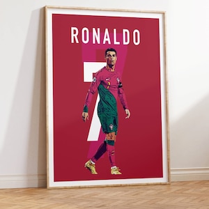 May include: A red poster with the word "RONALDO" in white text at the top. A soccer player wearing a pink and green jersey with the number "7" on the front is walking towards the right side of the poster.