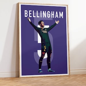 May include: A purple poster with the text "BELLINGHAM" in white. A soccer player wearing a green jersey with the text "Emirates" and the number "5" is shown in a celebratory pose.