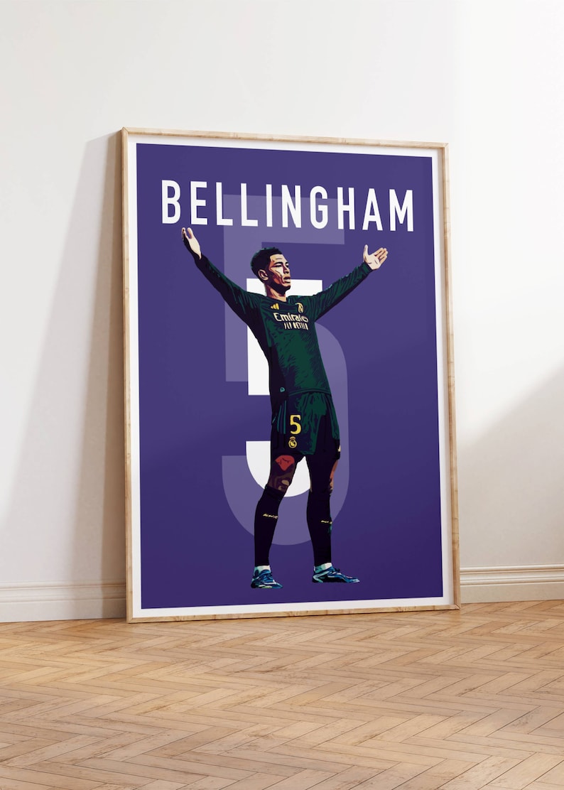 May include: A purple poster with the text "BELLINGHAM" in white. A soccer player wearing a green jersey with the text "Emirates" and the number "5" is shown in a celebratory pose.