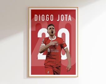 Impressão artística de Diogo Jota jogando futebol: Decoração do Anfield do Liverpool FC (Download digital)