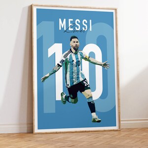May include: A blue and white poster with a graphic of Lionel Messi in a soccer uniform, running with the number 10 on his jersey. The text "MESSI Lionel" is at the top of the poster.