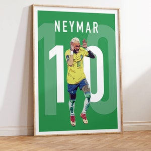 May include: A green poster with the name "NEYMAR" and the number "10" in white. A soccer player wearing a yellow and green jersey with the number "10" is shown in the center of the poster.