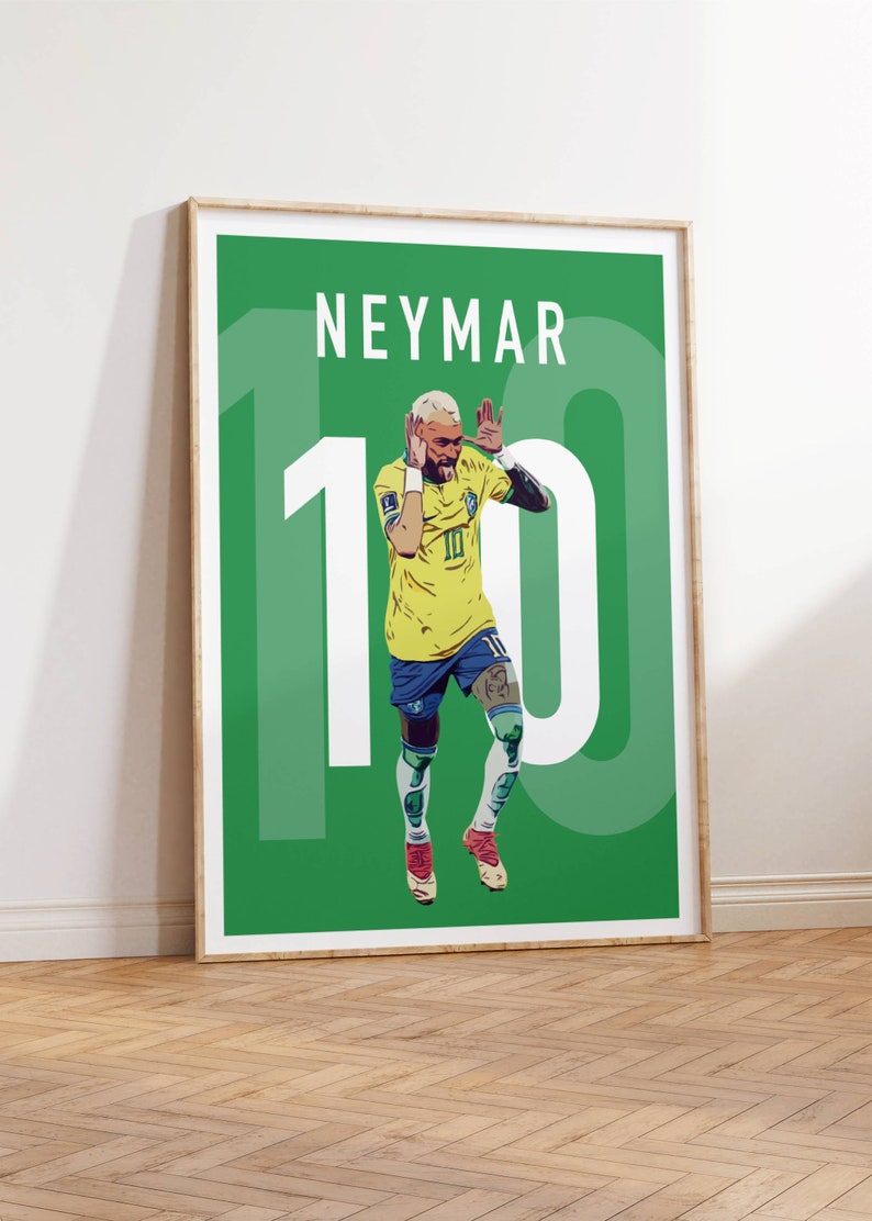 May include: A green poster with the name "NEYMAR" and the number "10" in white. A soccer player wearing a yellow and green jersey with the number "10" is shown in the center of the poster.
