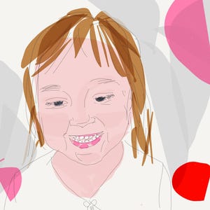 Può includere: Illustrazione digitale di una persona sorridente con capelli castani e una camicia bianca. L'opera presenta un viso e labbra rosa, con uno sfondo di forme grigie e rosa e un cerchio rosso.