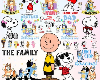 80+ Bluey und Snoopy Love Pack, Snoopy Liebe und Bluey Family Bundle, Snoopy Clipart zwar, Cricut Art, Silhouette 80+, die Familie SVG