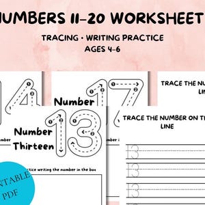 May include: Educational worksheets for kids aged 4-6, featuring numbers 11-20. The worksheets include tracing and writing practice. The image shows examples of the numbers with dotted lines for tracing and space to practice writing.