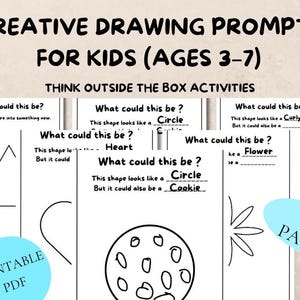 Può includere: Un PDF stampabile con spunti di disegno creativo per bambini dai 3 ai 7 anni. Le pagine presentano forme come cerchi, cuori e fiori, incoraggiando i bambini a pensare fuori dagli schemi. Include oltre 40 pagine di attività.