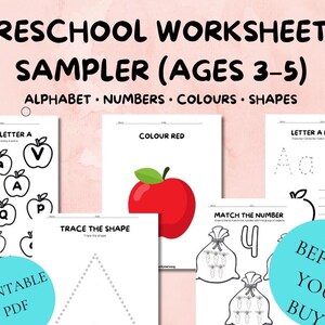 Può includere: Un campionario di schede didattiche prescolari per bambini dai 3 ai 5 anni, con alfabeto, numeri, colori e forme. Include pagine PDF stampabili con attività come trovare lettere, colorare, tracciare forme e abbinare numeri. Il testo "TRY BEFORE YOU BUY".