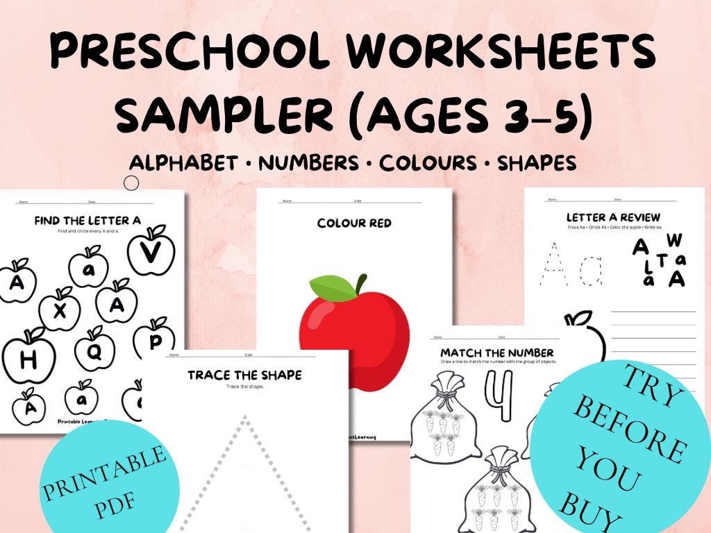 Worksheet Pre Elementary Preschool Worksheets Sampler | Alphabet, Numbers, Colors & Shapes ...