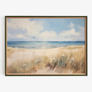 Pintura de paisaje costero: Escena de playa neutra, arte mural de estilo rústico (descarga digital)