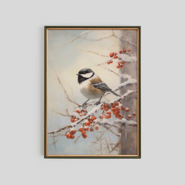 Rustic Winter Chickadee Wall Art, Printable Winter Bird Painting, Winter Decor, Vintage Winter Wall Art, Bird Painting, CH6