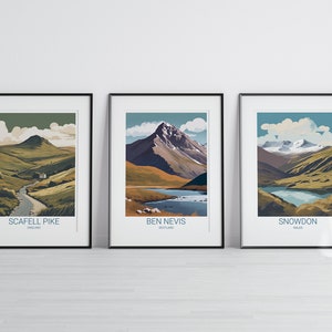 Three Peaks Challenge Set Of 3 Prints - Ben Nevis, Scafell Pike, Snowdon, Travel Poster, Hiking Gift, Landscape Poster, PRINTABLE ART