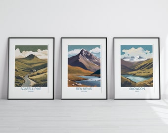 May include: Three framed landscape prints of mountains. The first print features Scafell Pike in England, the second print features Ben Nevis in Scotland, and the third print features Snowdon in Wales.