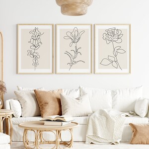 Neutral Line Drawing Wall Art  Set of 3 Instant Download, Floral Wall art, Minimalistic Printable Art, Botanical Line Art, Abstract Floral