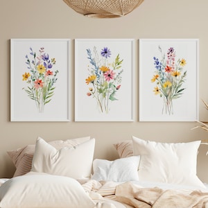 Watercolor Wildflowers Set of 3 Prints Instant Download, Floral Prints, Botanical Wall Art, Printable Flower Watercolors, Boho Wall Decor