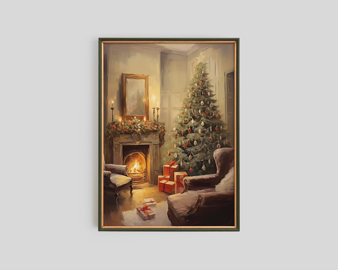 Rustic Christmas Living Room Painting, Printable Christmas Wall Art ...