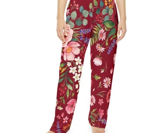 Vinröda blommönster pyjamasbyxor | Heltäckande tryck