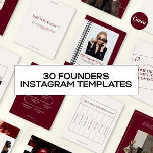 May include: A collection of 30 Instagram templates for founders featuring a deep red and white color scheme. The designs include various layouts with text, photography, and graphic elements, all organized in a grid format for social media branding.