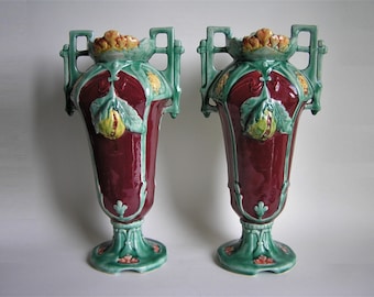 Art Nouveau Barbotine Majolica Decorative Vases