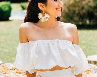 Two part satin wedding dress, satin bridal crop top, off the shoulder wedding dress top