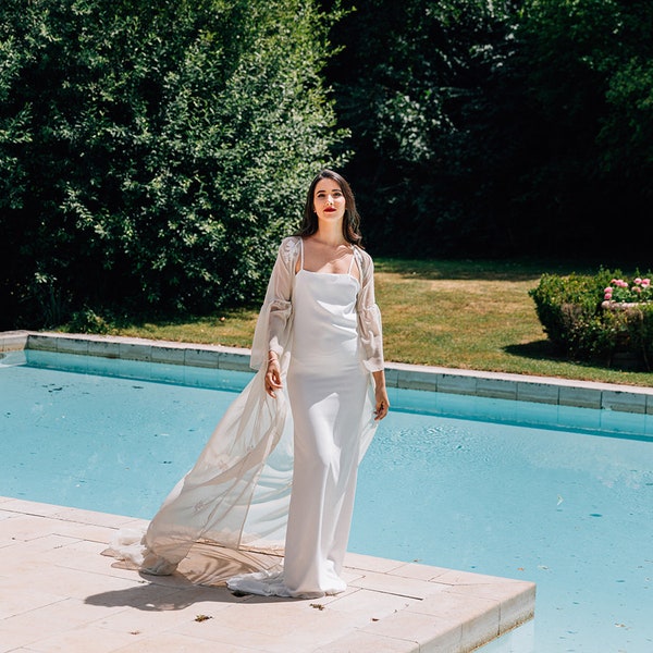 Cape de mariée en mousseline veste de mariage avec dentelle pièce unique