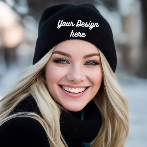 Black Beanie Mockup | Ribbed Knit Hat Mockup | Winter Mockup | Model wearing a black hat | Hat Mockup | JPG Digital download