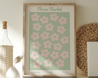 Sage Green and Blush Pink Flower Market Amsterdam Printable Wall Art, Amsterdam Retro Floral Poster Digital Prints, Holland Travel Poster