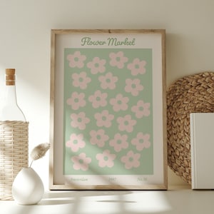 Sage Green and Blush Pink Flower Market Amsterdam Printable Wall Art, Amsterdam Retro Floral Poster Digital Prints, Holland Travel Poster