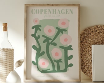 Sage Green and Blush Pink Flower Market Copenhagen Digital Print, Flower Market Exhibition Poster Printable Wall Art, Denmark Travel Poster