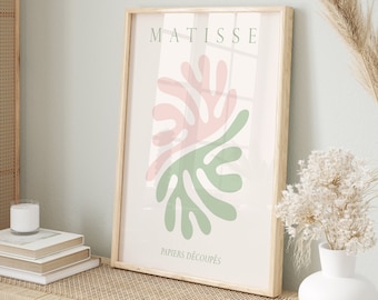 Saliegroen en blozen roze Henri Matisse Abstract blad afdrukbare muurkunst, Deense pastelkleuren Matisse Museum tentoonstelling digitale prints