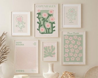 Sage Green Trendy Wall Art Print, Matisse Set of 6 Digital Prints, Sage Green Gallery Wall Prints, Green Matisse Print Set, Pink Wall Art