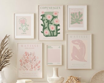 Sage Green and Blush Pink Matisse Gallery Wall Set of 6 Poster Print, Green Matisse art trendy poster set digital prints, print set of 6