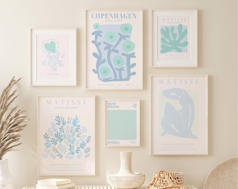Sky Blue and Sage Green Matisse Gallery Wall Set of 6 Poster Print, Blue Matisse art trendy poster set digital prints, Print set of 6