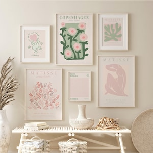 Sage Green and Blush Pink Matisse Gallery Wall Set of 6 Poster Print, Green Matisse art trendy poster set impressions numériques, ensemble d’impression de 6